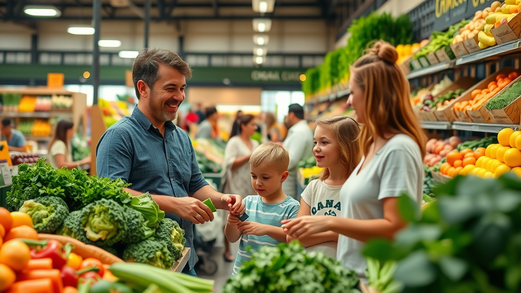 Busy organic food grocery store near me, with a smiling family inspecting produce and vibrant rows of fruits and vegetables
