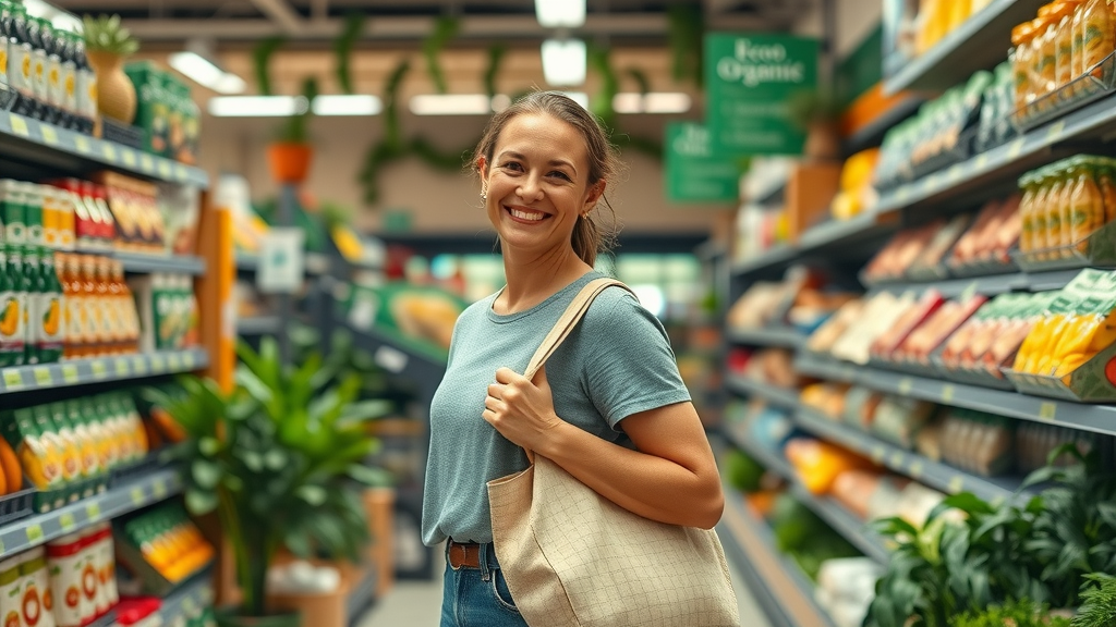 Eco-conscious grocery aisle in an organic food grocery store near me with sustainable packaging