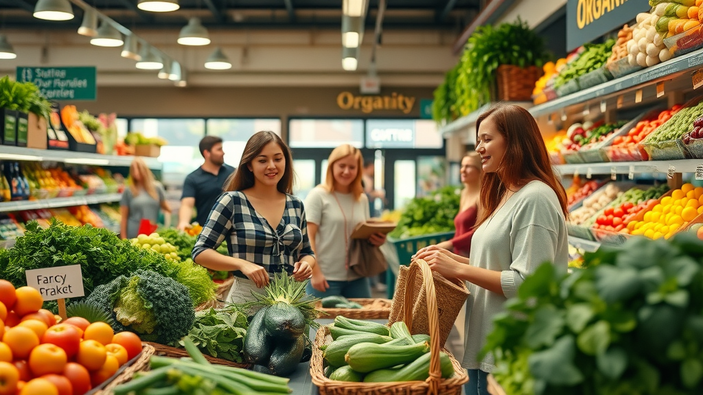 Interior of an organic food grocery store near me, with fresh produce displays and cheerful shoppers